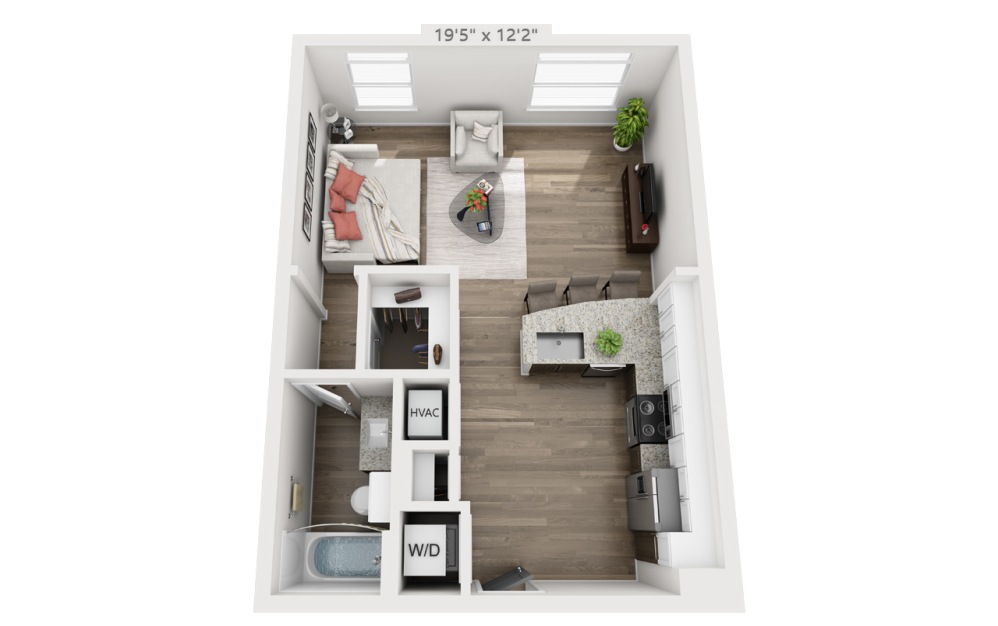 S1 - Studio floorplan layout with 1 bathroom and 621 square feet